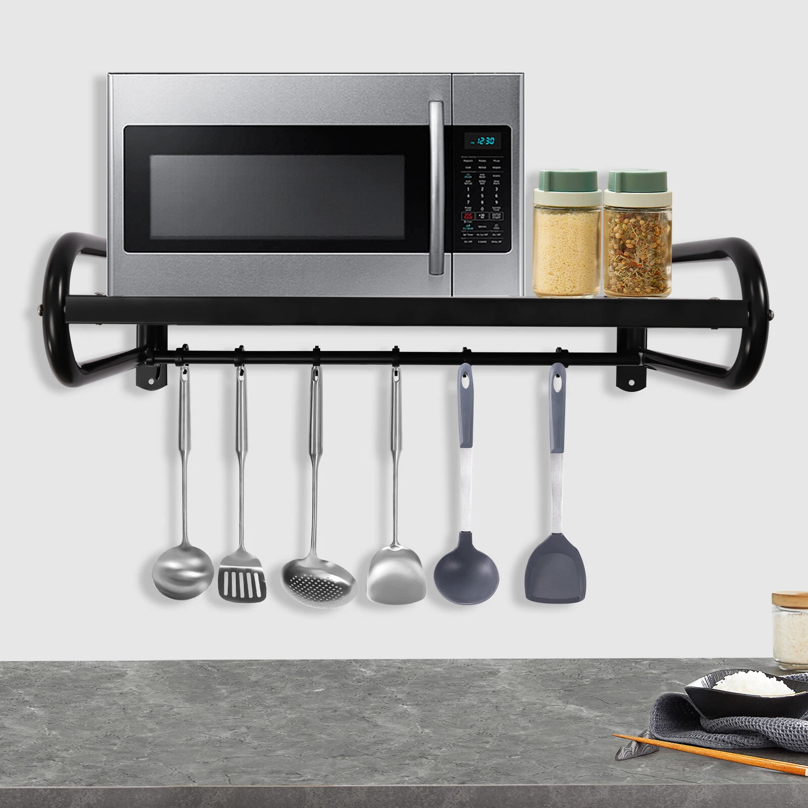 Kitchen Pan Pot Rack Wall Mounted Hanging Storage Organizer Shelf With 6 Hooks