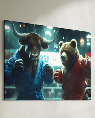 Wall Street Leinwand Bild Bulle und Bär Stier Bullish Börse Aktien MMA Fighter