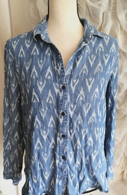 Womens Blouse Shirt Long Sleeve Blue White Print Soft Comfy