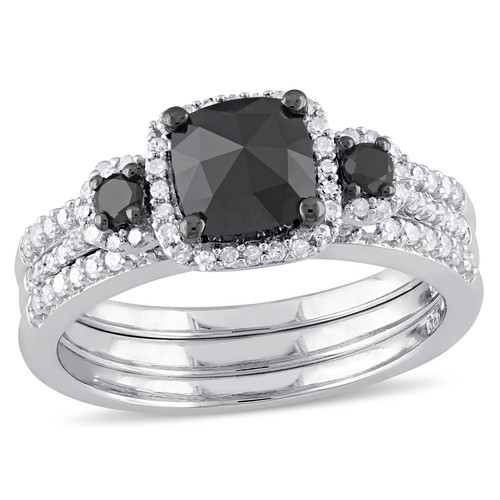 Amour Sterlingsilber Kissenschliff schwarz & weiß Diamant Heiligenschein Braut Ring Set - Bild 1 von 6
