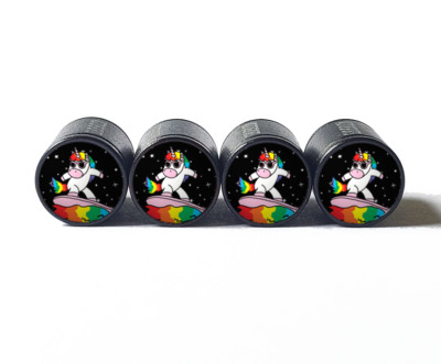 Rainbow Unicorn Surfer Tire Valve Caps - Black Aluminum - Set of 4 - Universal