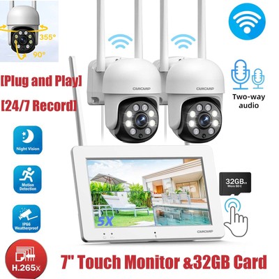 Wireless 360° PTZ Home Security Camera System Outdoor W/ 7''Touch Monitor 32GB