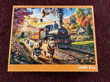 Lot of 2 Dog Themed Puzzles-Complete-"Dog Pizza"  "Happy Train"-1000 pcs.