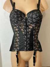RARE Vtg SATIN LACE Corset Padded Bra Garters Rondeau Lilyette Black Beige 34B