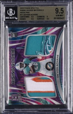 2023 PANINI SPECTRA RISING ROOKIE MATERIALS NEON PINK DEVON ACHANE /15 BGS 9.5
