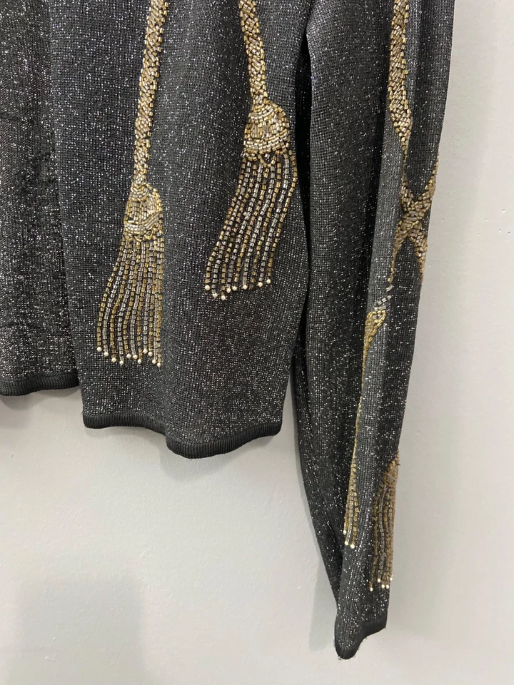 Brillante by JA Black Gold Beaded Tassel Cardigan PM Sparkle vintage Jacket - Image 3 of 4