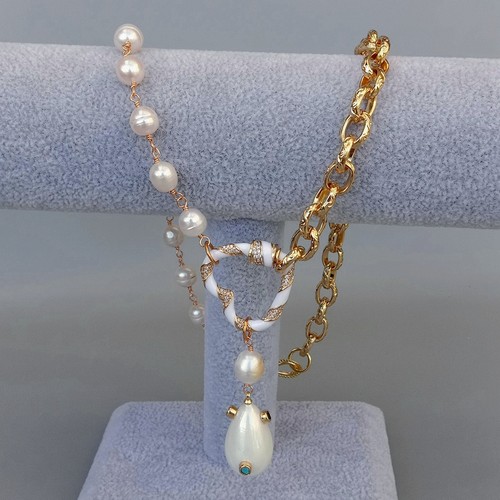 Freshwater White Rice Pearl Chain Necklace Sea Shell Pearl Pendant 20" - Picture 5 of 9