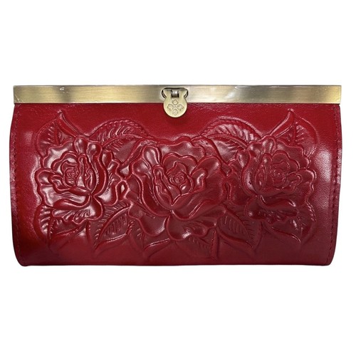 Patricia Nash Red Tooled Leather Rose Embossed Terresa Frame Kiss Lock Wallet