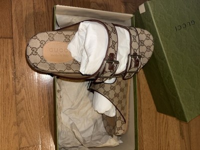 Gucci Original GG Slide Sandals 658020 Beige Brown Buckle Men's Size 11