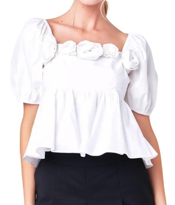 English Factory White Roses Puff Sleeve Top Blouse Size Small NWT Cotton Boho