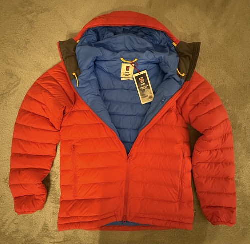Fjallraven Mens 1974 Expedition Pack Down Jacket Flame Orange Un Blue Size Small - Picture 3 of 6
