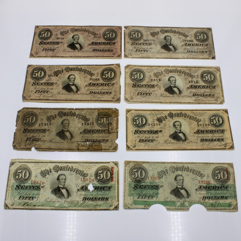 1863 Confederate States of America 50 Dollar Note Richmond Lot of 8 #C854-2