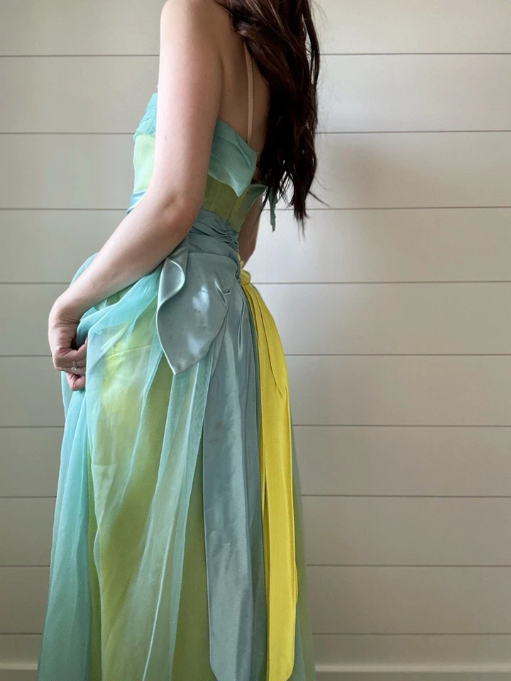 Vestido de graduación vintage de tul de gasa + satén de los años 50 sin tirantes LEER DEFECTUOSO COLOR RARO Foto 3 de 4