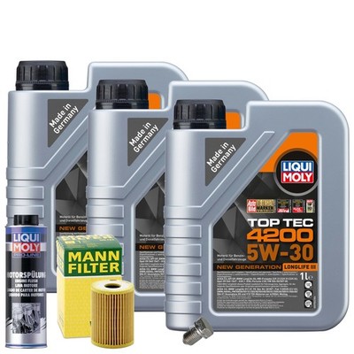 Motoröl 5W30 LIQUI MOLY Top Tec 4200 3L+MANN Ölfilter+Spülung+Ölablassschraube