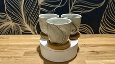 Set of 3 Marble Effect Ceramic Plant Pots with Bamboo Saucers – Modern Planters