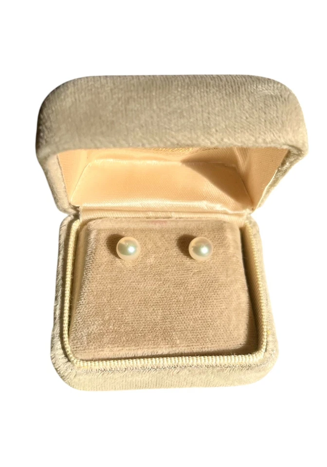 复古 6 毫米培养珍珠耳钉 14K 黄金镶嵌和背面 — 第 3/4 张图片