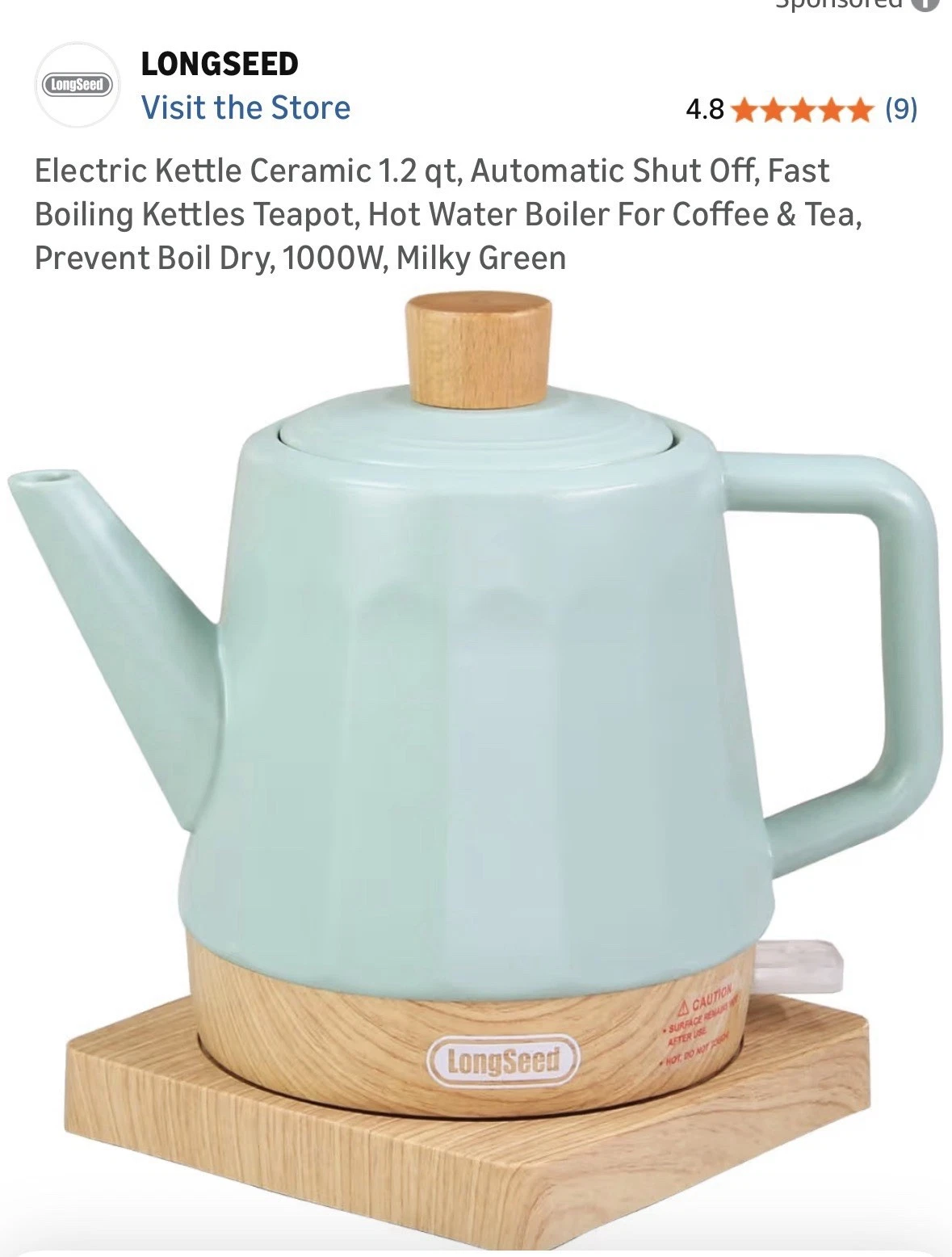 Longseed Electric Kettle Ceramic 1.2 qt
