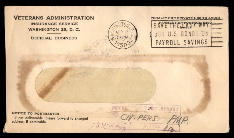 Mayfairstamps US 1950 Veterans Admin Ins Serv US Bonds Cancel Cover cca_29853