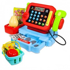 Kidplokio Touch Pad Cash Register for Kids Pretend Play Toy Money Microphone Red