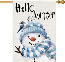 Hello Winter Snowman House Flag 28X40 Double Sided, Winter Christmas Large Garde