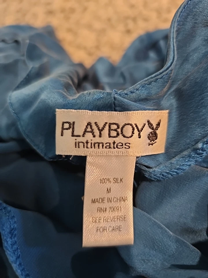 Sexy Camisón Vintage Playboy 100% Seda Chemise Sin Mangas Talla M Azul Patrulla Foto 4 de 4