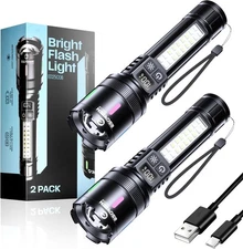 2 Pack Rechargeable Flashlights High Lumens 2000, Single Click Bright Flashlight