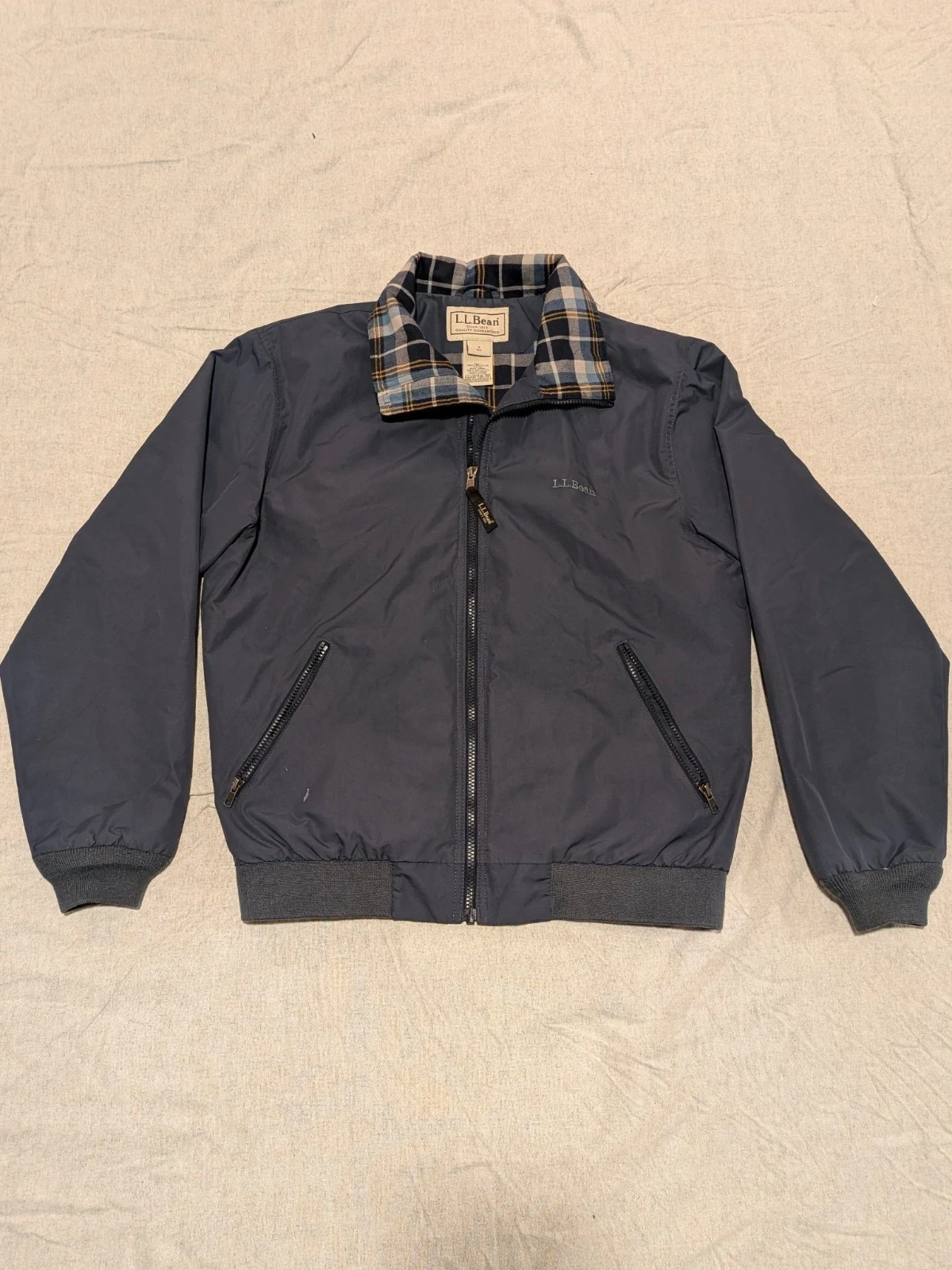 L.L.Bean Men's Warm-Up Jacket Flannel-Lined Dark Navy S Plaid Lining Full Zip - product detail image 1