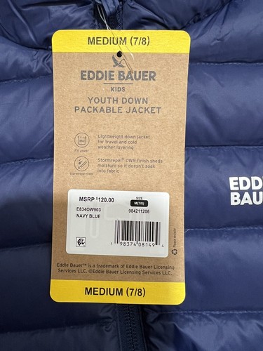 Eddie Bauer Youth Size Medium 7/8 Packable 80% Down Navy Blue NEW WITH TAGS - 第 8/13 張圖片