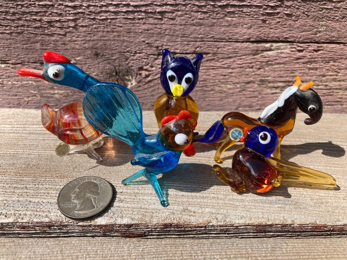 置物 Murano , antique Lot 5 VTG Miniature Blown Glass Murano Style Animals Owl Chicken