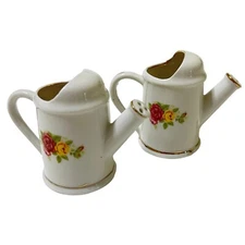 2 Mini Porcelain Watering Can 3" White Yellow Pink Roses Gold Trim Vintage