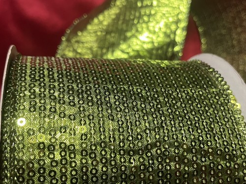 Christmas Green Sequin like, Wired Matrix RIBBON (4” Wide) (10 Yards) - Picture 3 of 7