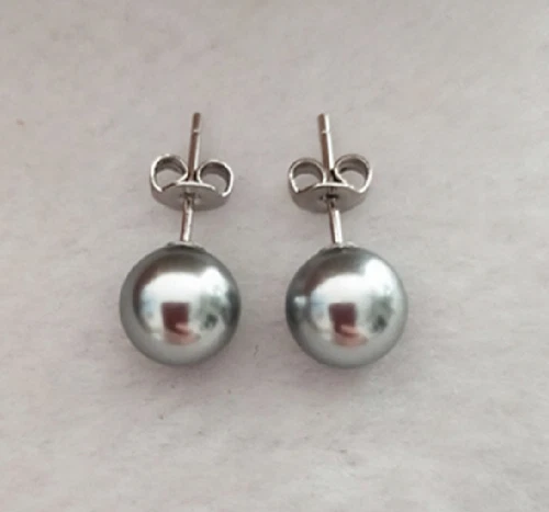 PAIR OF 8-9MM NATURAL SOUTH SEA GENUINE SILVER GRAY ROUND PEARL EARRING 3328
