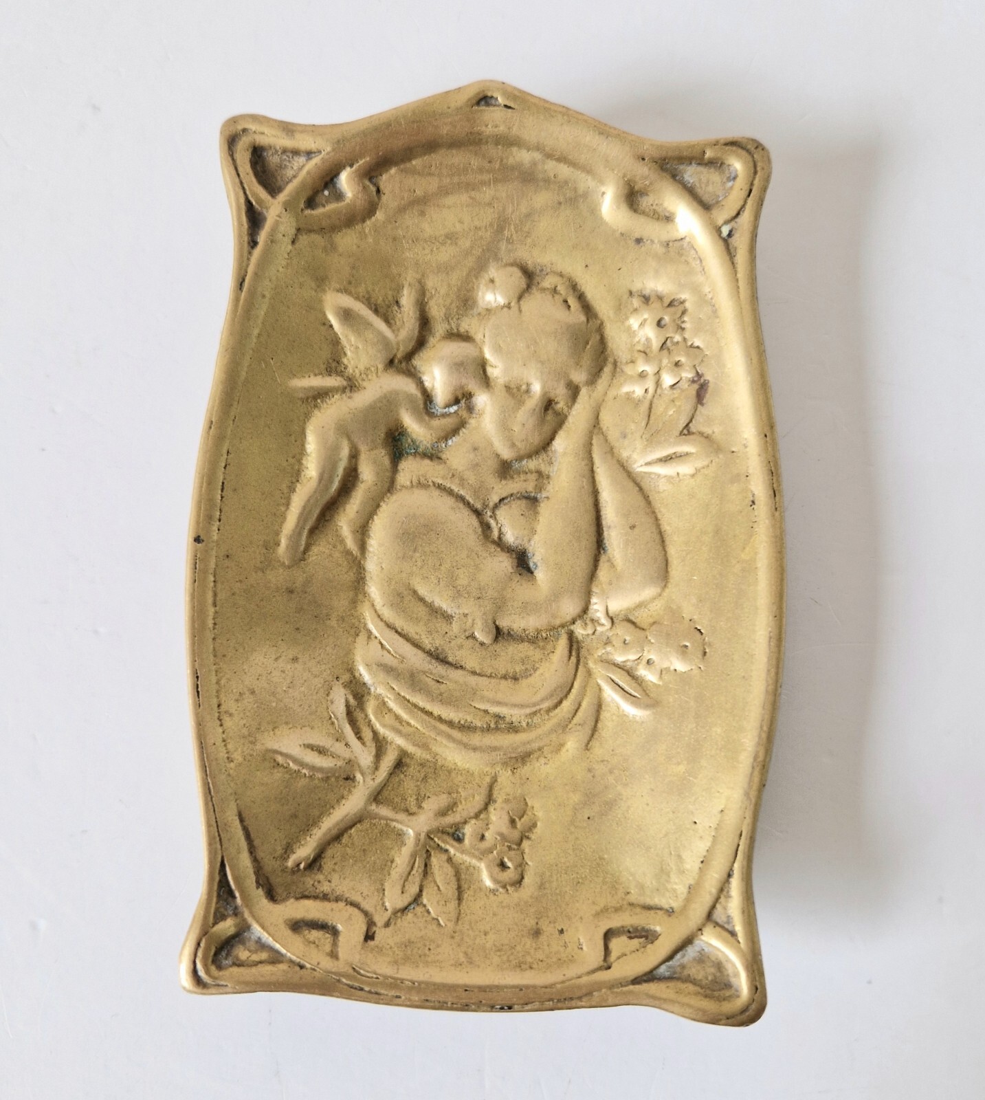 Antique Art Nouveau Jugendstil Heavy Cast Brass Sleeping Lady & Putti Pin Dish