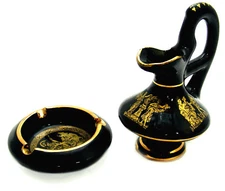 EUC 2-Piece Lot (Miniature Pitcher & Ashtray) Black & Painted 24K Gold - Greece