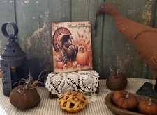 OLD COLONIAL FARM PRIMITIVE VINTAGE STYLE HAPPY THANKSGIVING TURKEY PUMPKIN SIGN