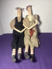 Primitive Boy & Girl Arm In Arm With Heart Dolls Fabric Wall Hangers