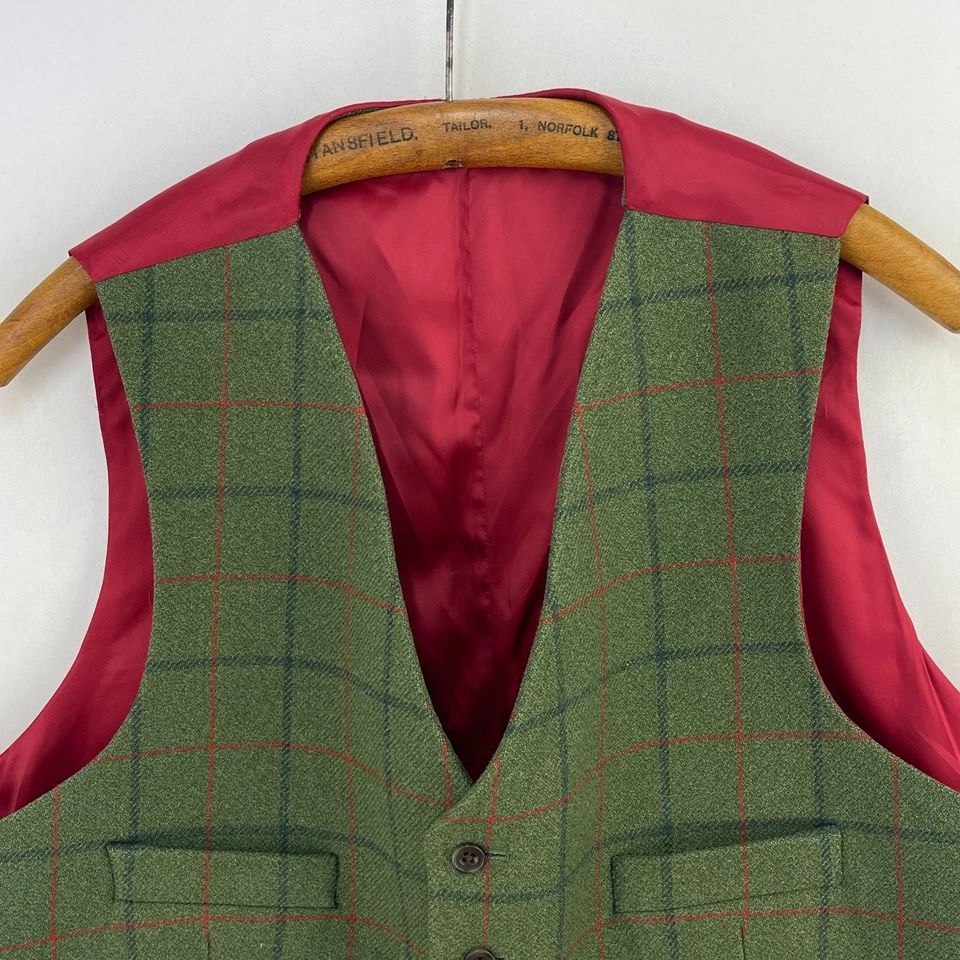 John Brocklehurst Tweed Waistcoat Mens 44 Green Check Wool Formal Country Vest - Image 4 of 4