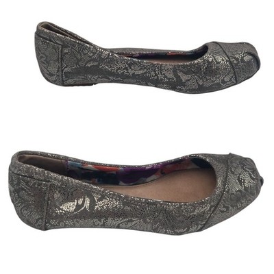 Bobs By Skechers Taupe Metallic Lace Leather Ballet Flats Size 6