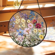 Colorful Wildflower Stained Glass Suncatcher, Round Window Panel Of Floral Gift