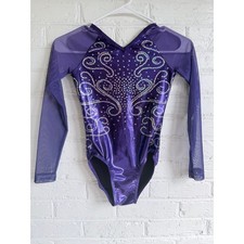Zone Gymnastics Leotard Purple Metallic Mesh Long Sleeve Kids AXS