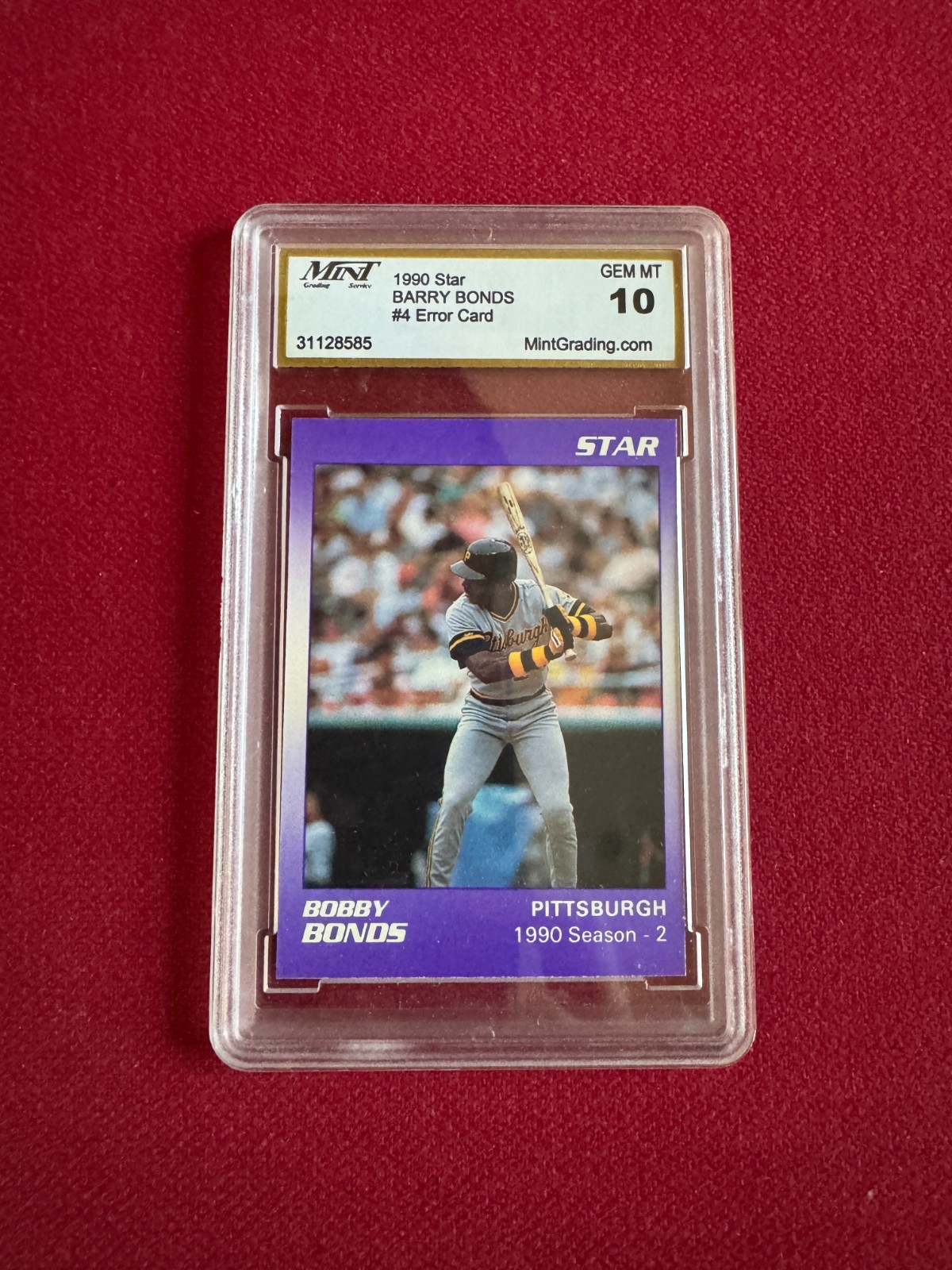 1990, Barry Bonds, STAR (#4) "ERROR" Trading Card  (Mint Grading 10) Pirates