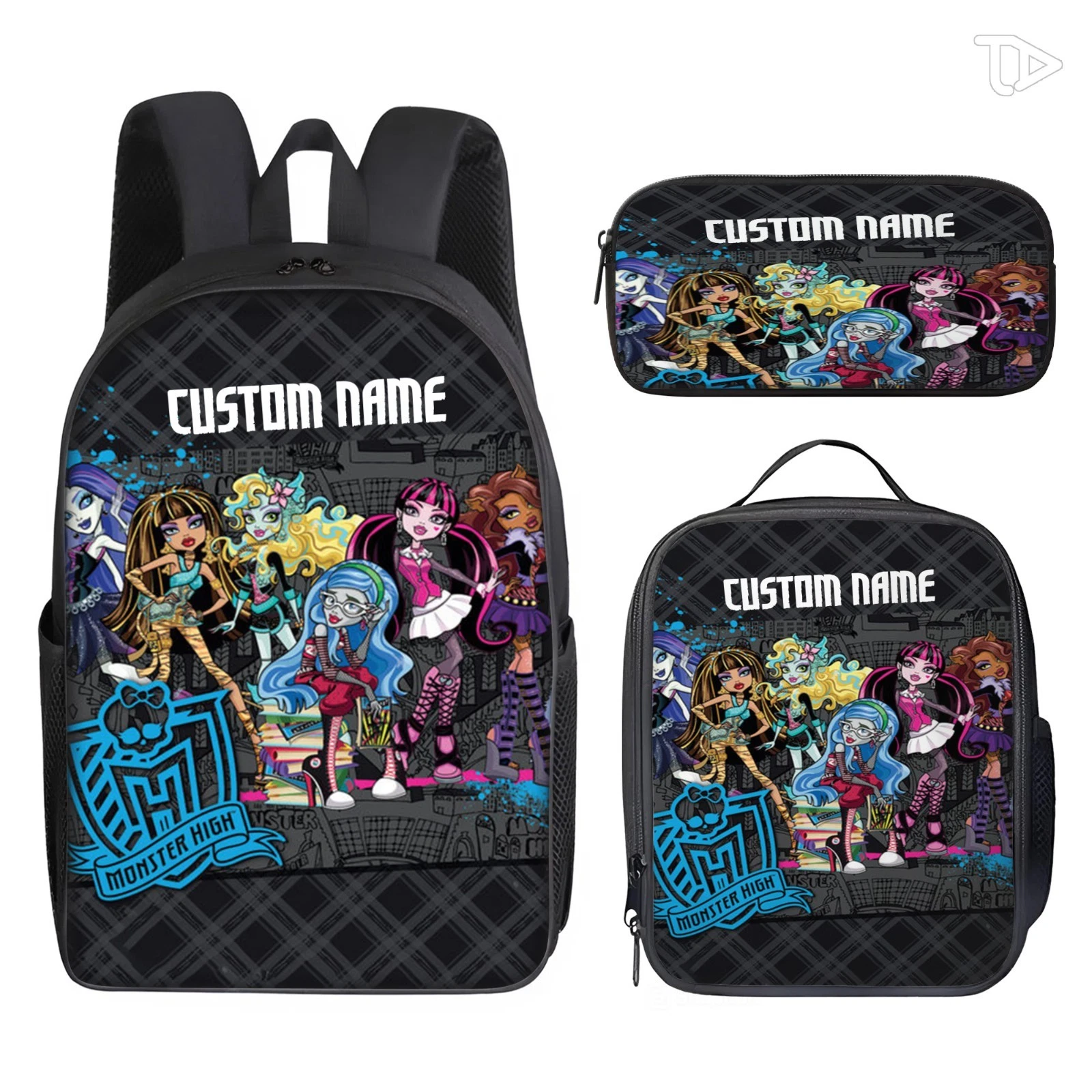 Personalized Black Plaid Cityscape Gothic Monster Squad 3-Piece Backpack Set for
