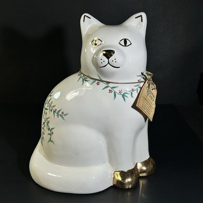 Vintage Lauren Grace Porcelain Cat Figurine Gold Trim Floral 10'' Memphis TN