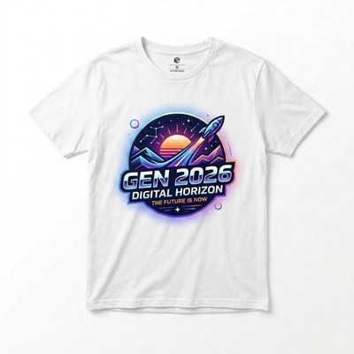 Gen 2026 Digital Horizon T-Shirt - Future Is Now Space Rocket Retro Graphic Tee
