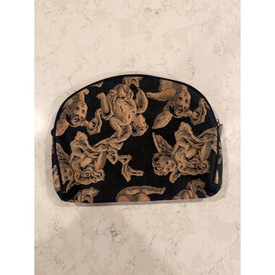 Modella Cherub Angel Tapestry Makeup Bag Black Gold Woven Cosmetic Pouch Dome
