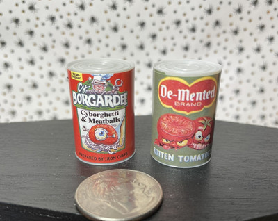 MINI WACKY PACKAGES DEL MENTED  KILLER TOMATOES/ BORGARDEE CYBERGHETTI MEATBALLS