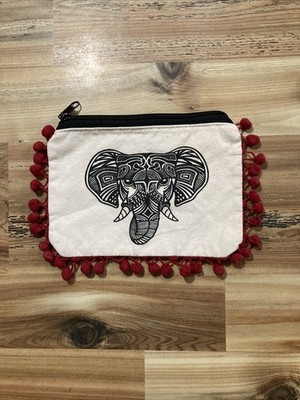 Rue 21 Geo Elephant Red Pom Pom Cosmetic Makeup Bag Ivory Black Red 7'' Purse