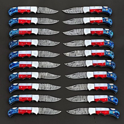 20Pcs, Texas Flag Handmade Damascus Steel Folding Knives Pocket Knives/ Sheaths.