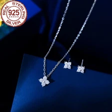 CZ Flower Pendant Chain Link Necklace Earrings 925 Sterling Silver Jewelry Set