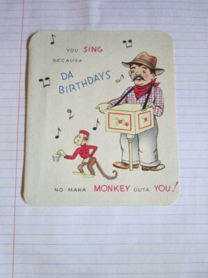 Vintage Birthday Greeting Card Organ Grinder Monkey UNUSED Free Ship
